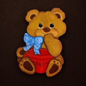 Vintage Hand Painted Wood Teddy Bear Wall Decor Honey Pot Nursery Art J. Kuhlman